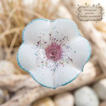 Zauberhafter Gartenstecker Glasblume weiß mit blauem Rand - ca. 100 cm - Gartendekoration
